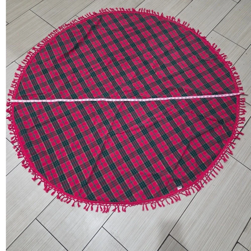 Vintage Kmart Christmas Red Green Gold Tartan Plaid Round Tablecloth Fringe Trim